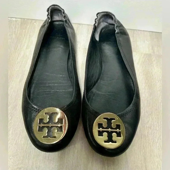 Tory Burch Shoes - 5. TORY BURCH Reva black leather gold metal logo detail ballet flats shoes 8.5